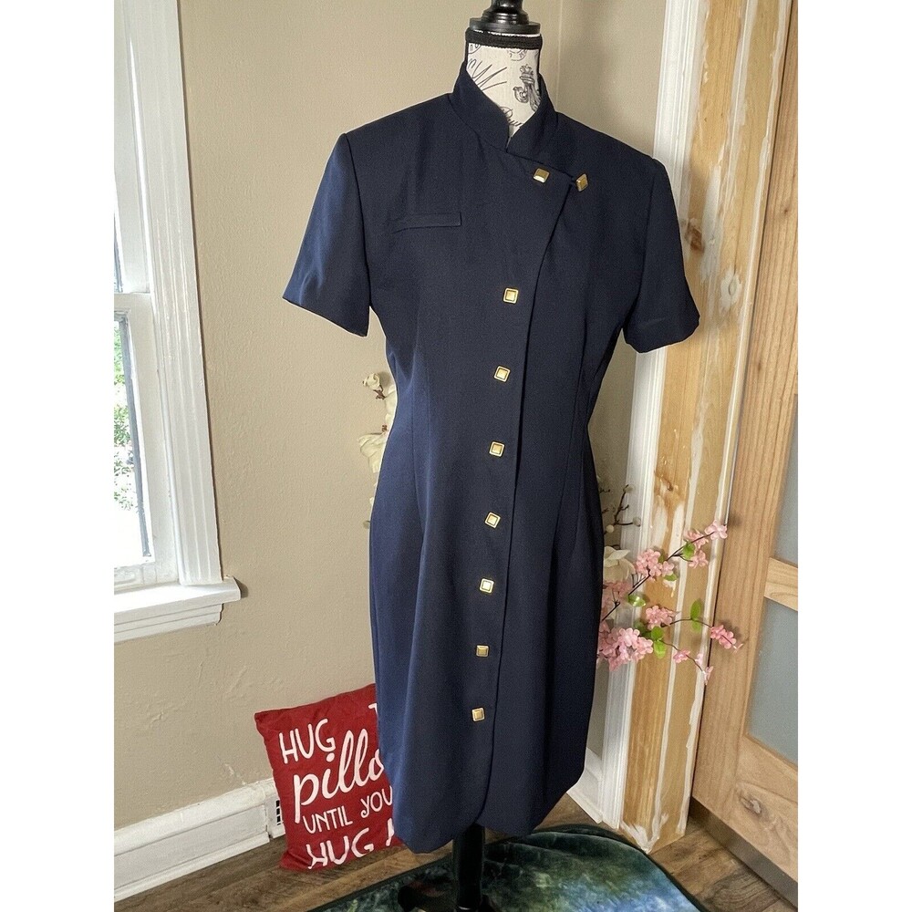 Jessica Howard Navy Midi Dress 12 Gold Button Front Short Sleeve Work Church